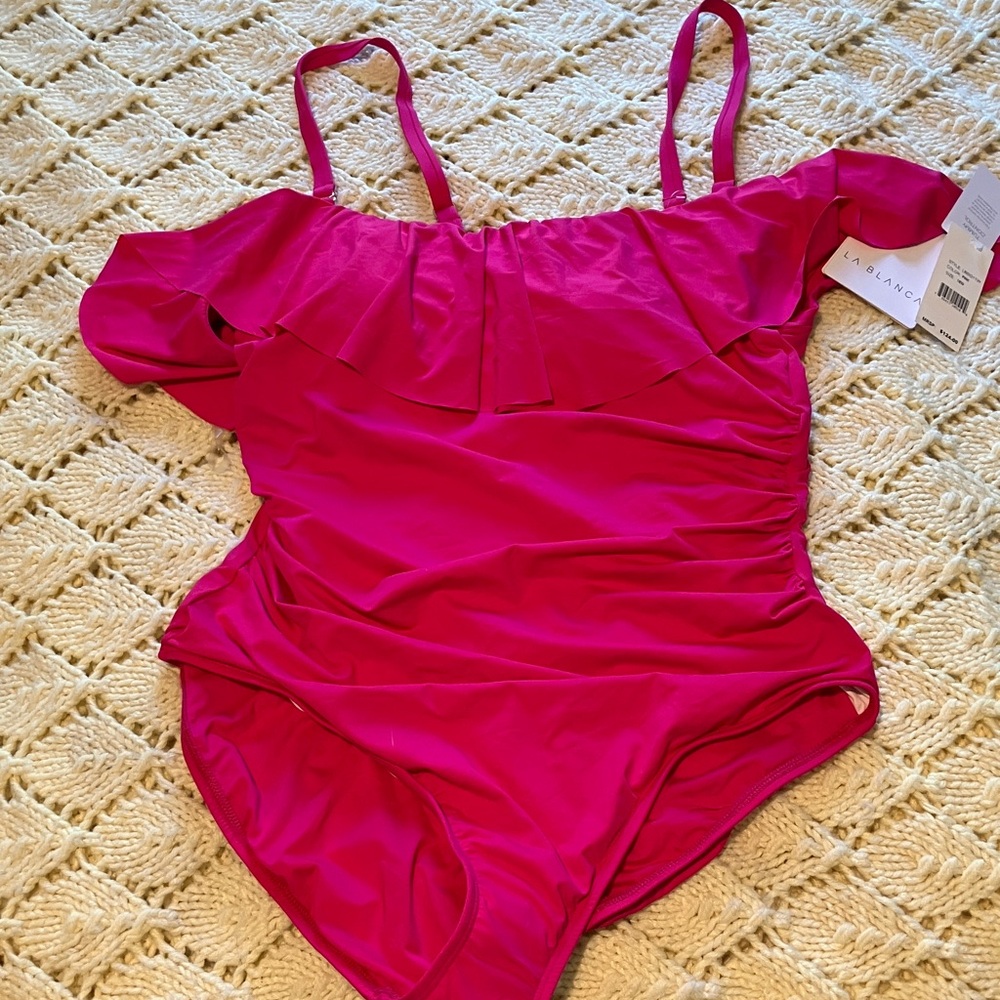 La Blanca women’s Hot Pink Ruffle-Trim One-Piece Swimsuit